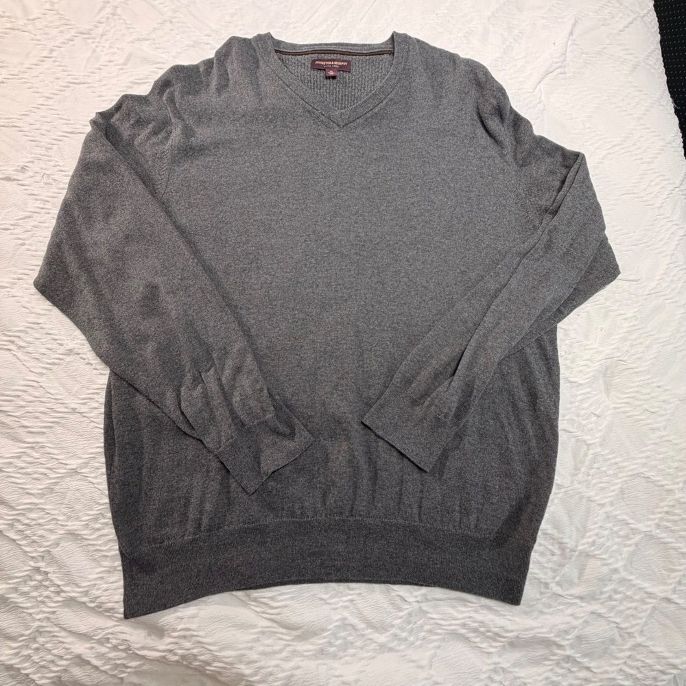Johnston & Murphy Mens XL Gray V-Neck Sweater 100% Pima Cotton Pullover Soft